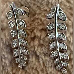 Silver Leaf Vine Drop Earrings - Sparkling White CZ